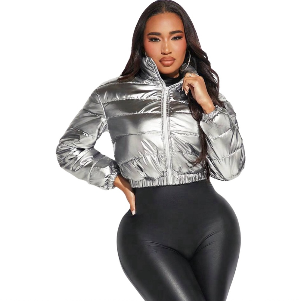 Metallic Zip Up Puffer Coat (Silver, Large (fits like a Small))